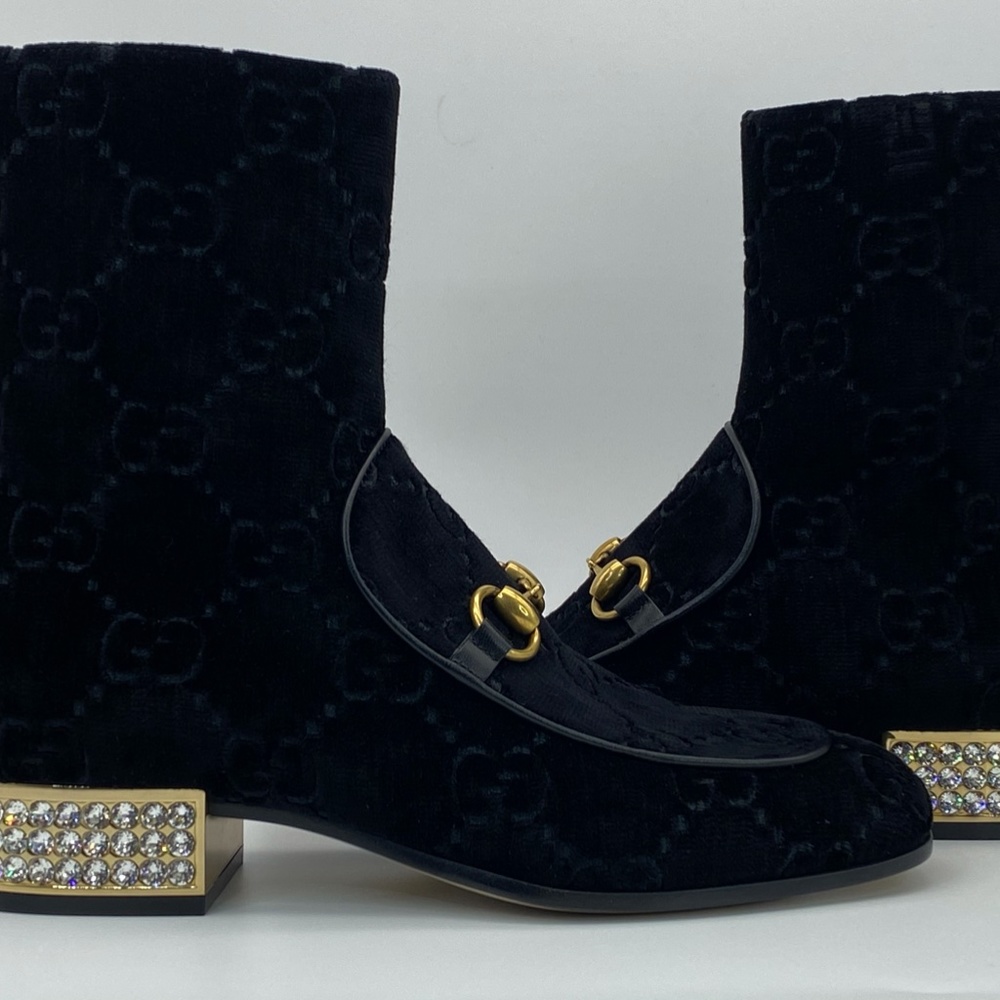 Gucci horsebit GG black velvet crystal heel ankle - Picture 2 of 12